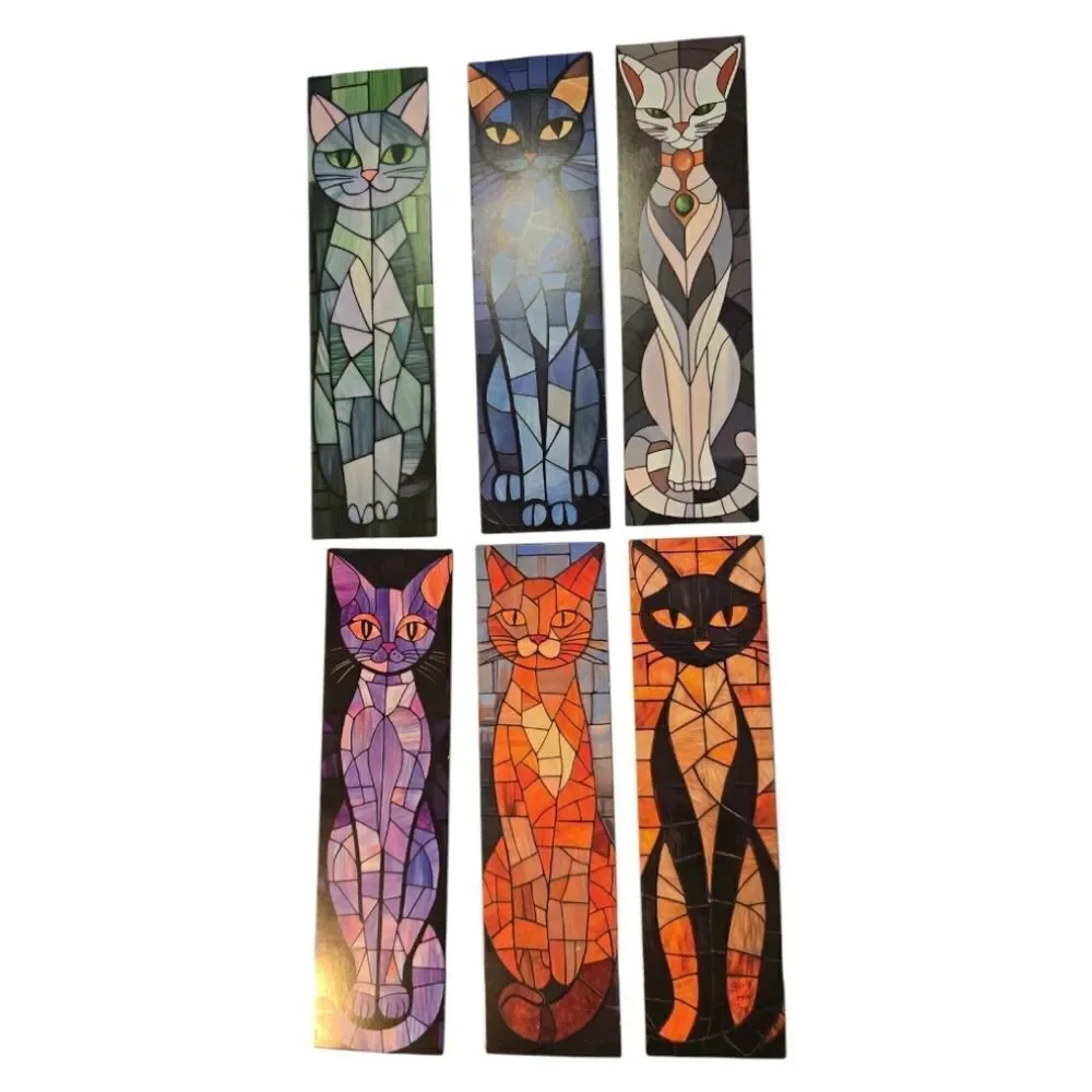 6pc Black Cat Bookmark Set Stained Glass Mosaic Bookmarks Gothic Kawaii Reading